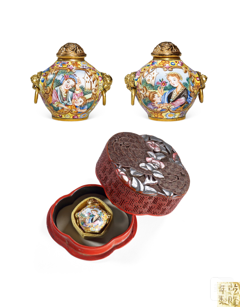 清乾隆 金胎画珐琅西洋仕女教子图铺首环耳鼻烟壶及剔彩佛手花卉纹海棠形盖盒 - 图2